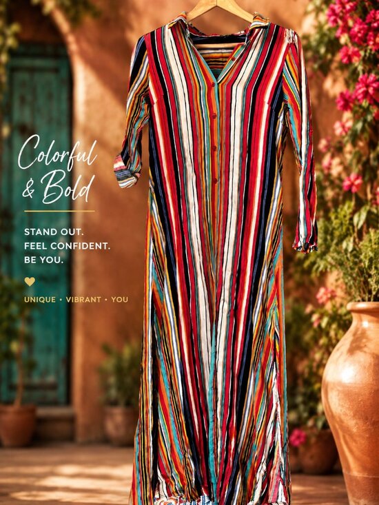 ANDREE BY UNIT Dresses & Skirts - Colorful Striped Maxi | Long Sleeve Boho Tunic Dress | Multicolor